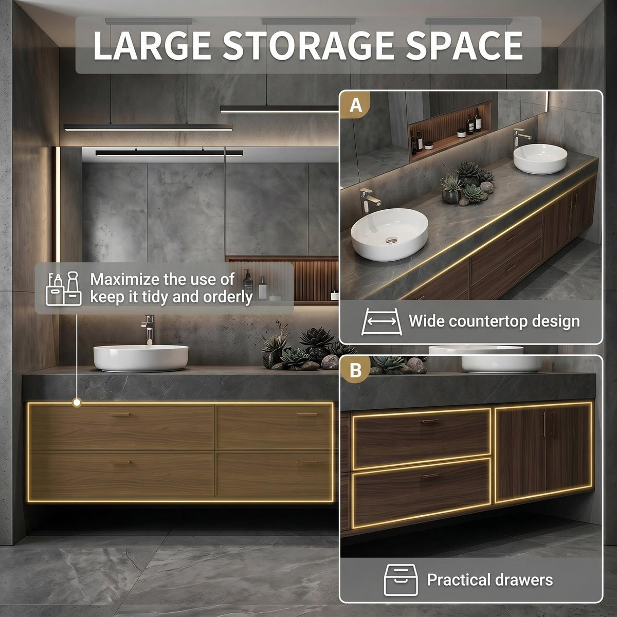 60''-96'' Double Bathroom Vanity with Sink Modern Floating Dark Walnut Slatted Center Panel