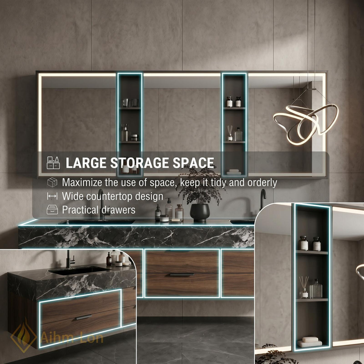 60''-96'' Double Bathroom Vanity with Sink Floating Wood Grain Drawers Countertop Space