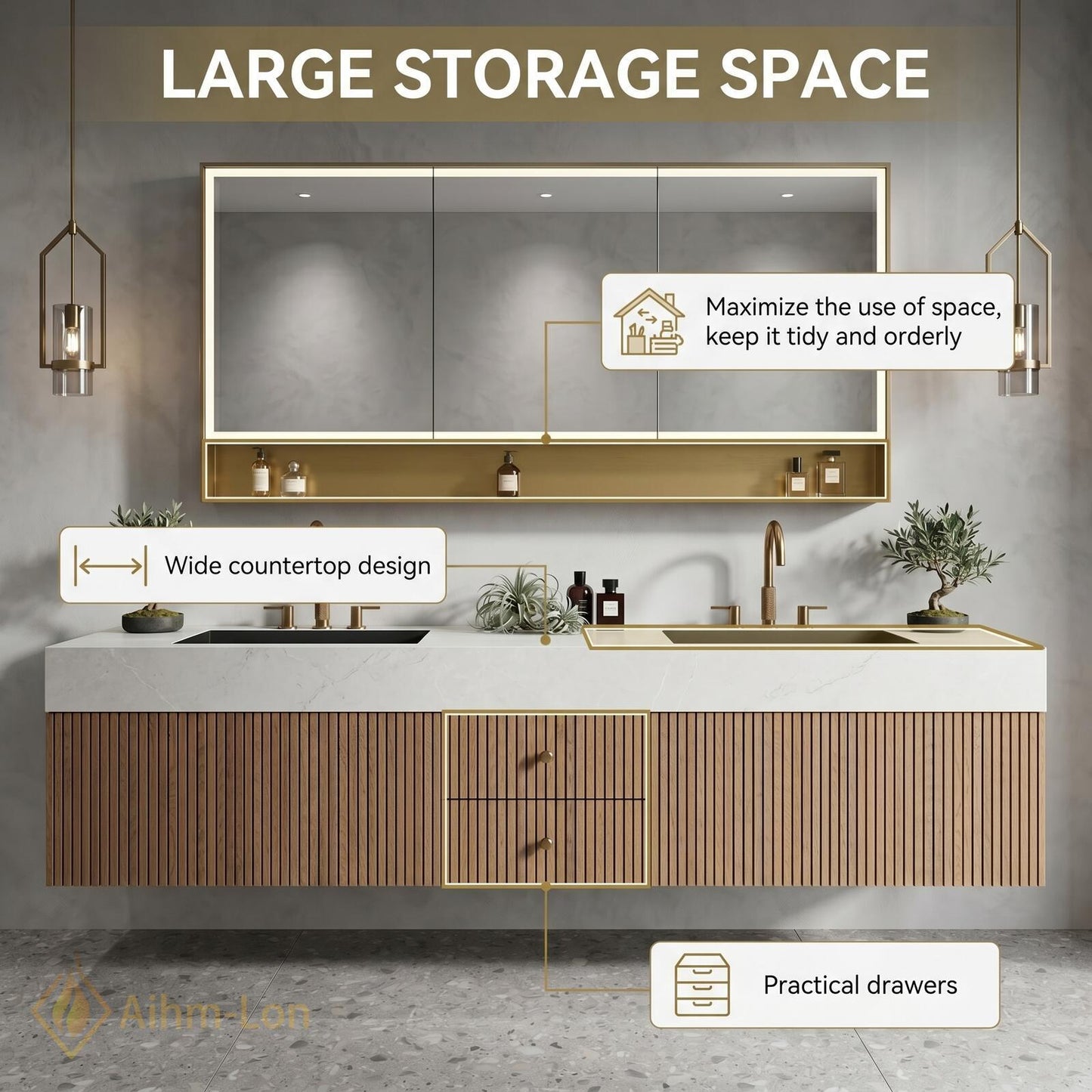 60''-96'' Double Bathroom Vanity with Sink Natural-Wood White Modern Floating Top