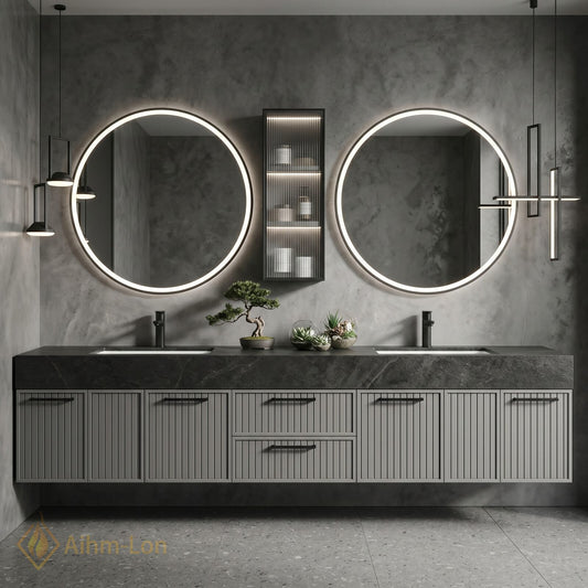 60''-96'' Bathroom Vanity with Sink Vertical Slatted Doors Slate Texture Top Floating