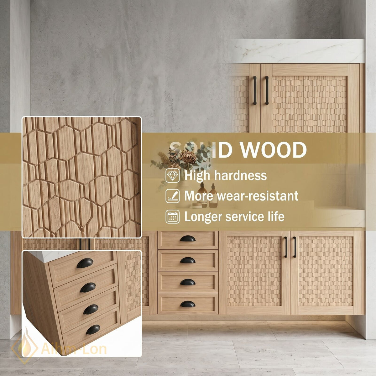 60''-96'' Double Bathroom Vanity with Sink Woven Texture Doors Marble Top Shelving