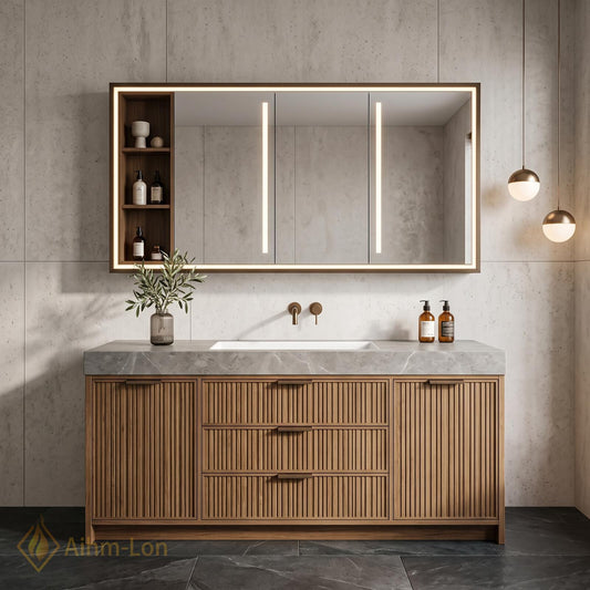 36''-110'' Bathroom Vanity with Sink Floating Sintered Stone Top Slatted Doors