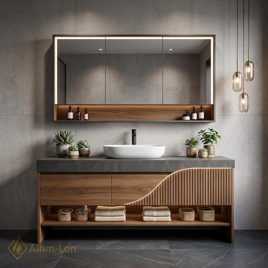 36''-110'' Floating Bathroom Vanity with Sink Wavy Wood Front Stone Top