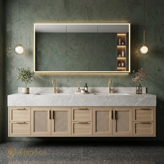60''-96'' Double Bathroom Vanity with Sink Light Oak Finish Woven Rattan Panels