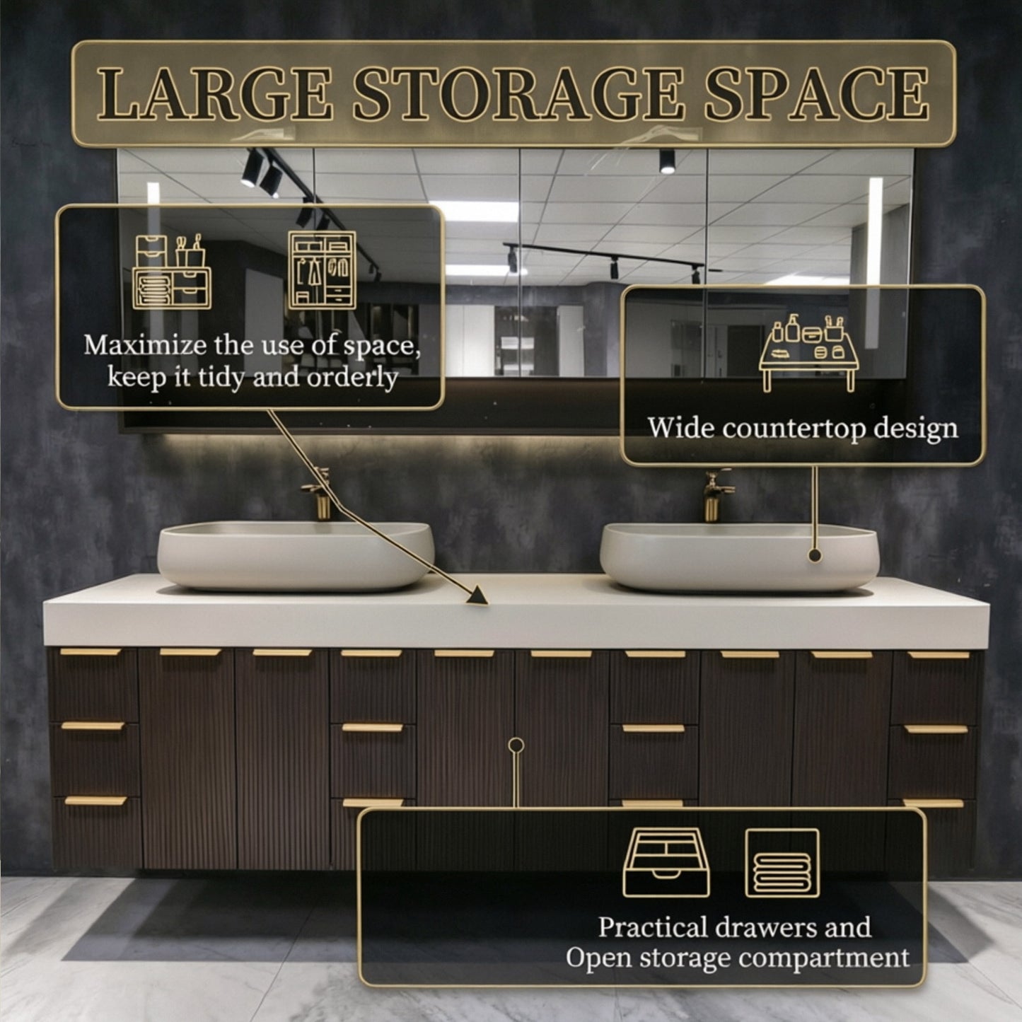 88'' Double Bathroom Vanity Floating Wall-Mounted, Smart Backlit Mirror Cabinet