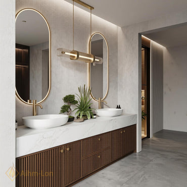 60''-96'' Double Bathroom Vanity with Sink Dark-Walnut Modern Floating Slatted-Panels