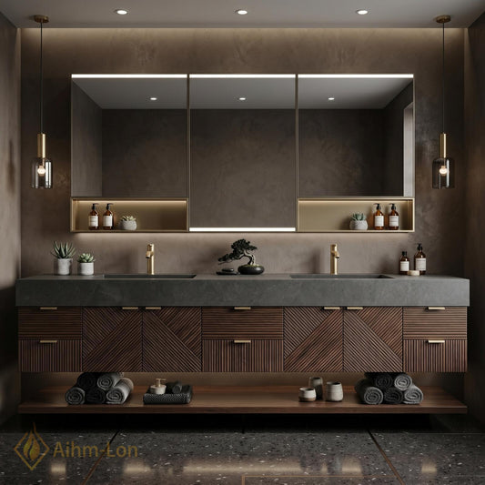 76''-96'' Modern Floating Bathroom Vanity with Sink Slatted Geometric Panels Wide Countertop