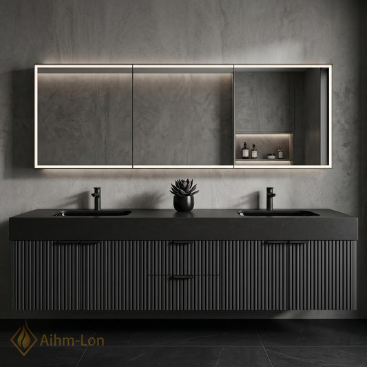 60''-96'' Double Bathroom Vanity with Sink Modern Floating Fluted Panel Matte Charcoal