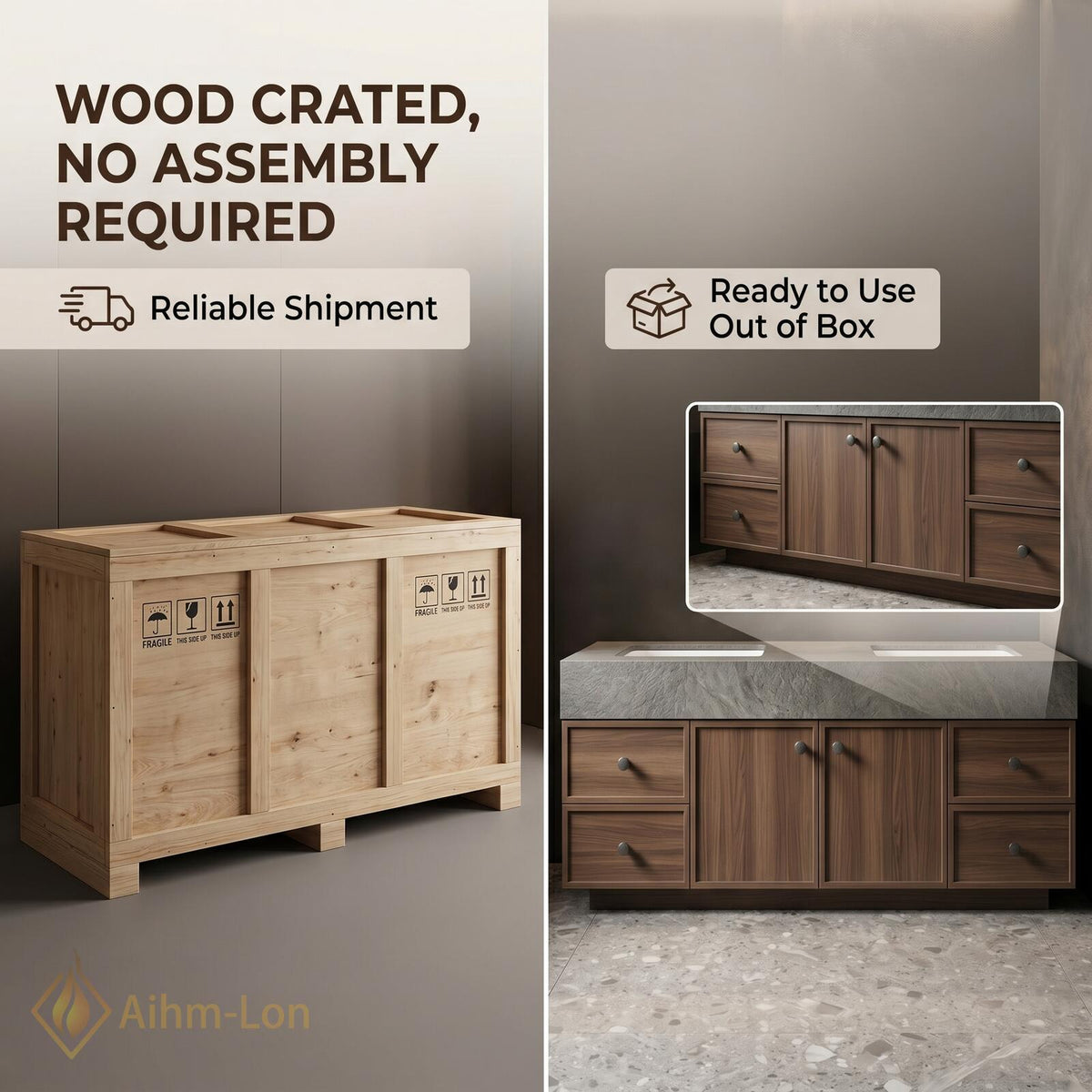 70''-96'' Double Bathroom Vanity with Sink Dark-Walnut Modern Floating Slatted
