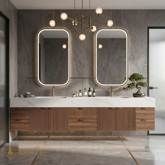 76''-96'' Double Bathroom Vanity with Sink White-Marble White Floating Slatted Pattern Top