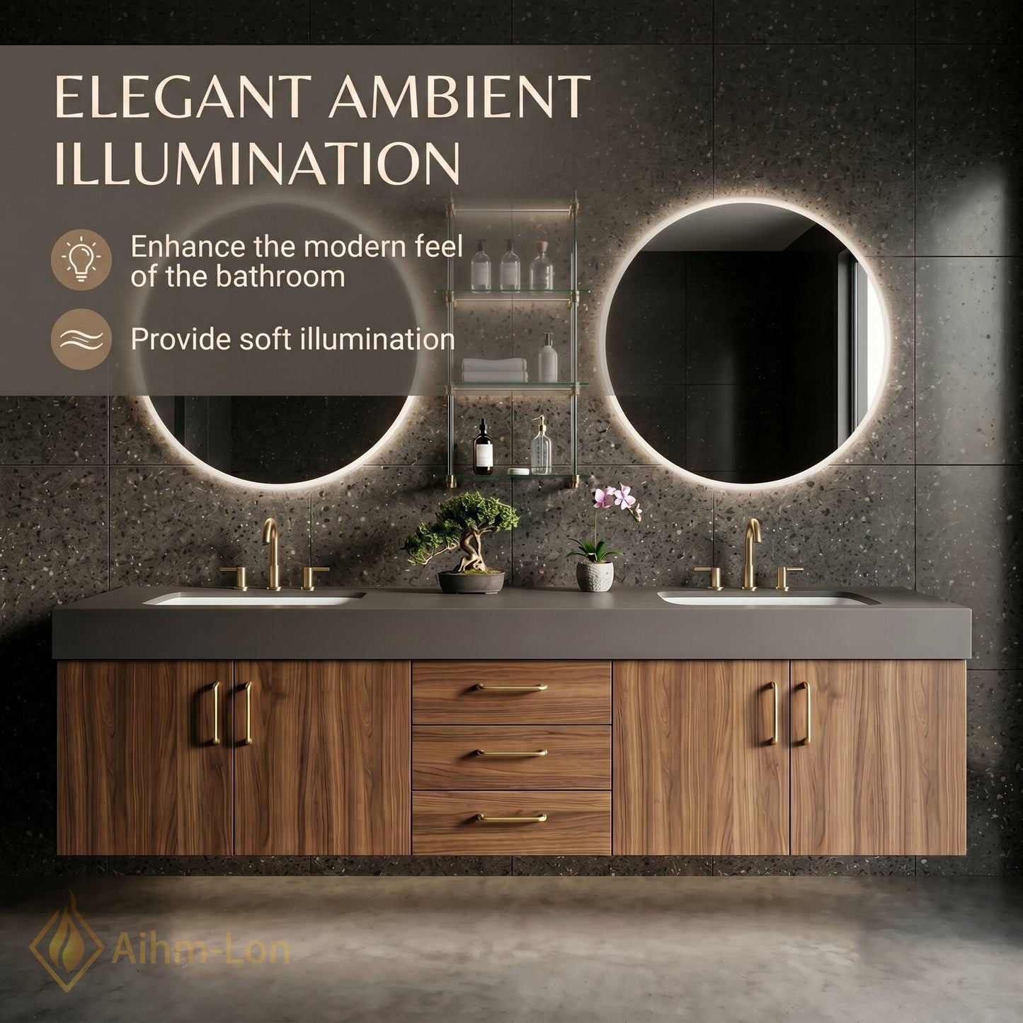 60''-96'' Double Bathroom Vanity with Sink Floating Stone-Top Dark Wood Unit Spacious