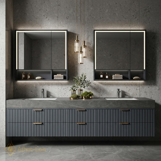 60''-96'' Double Bathroom Vanity with Sink Modern Floating Dark Grey Finish Fluted