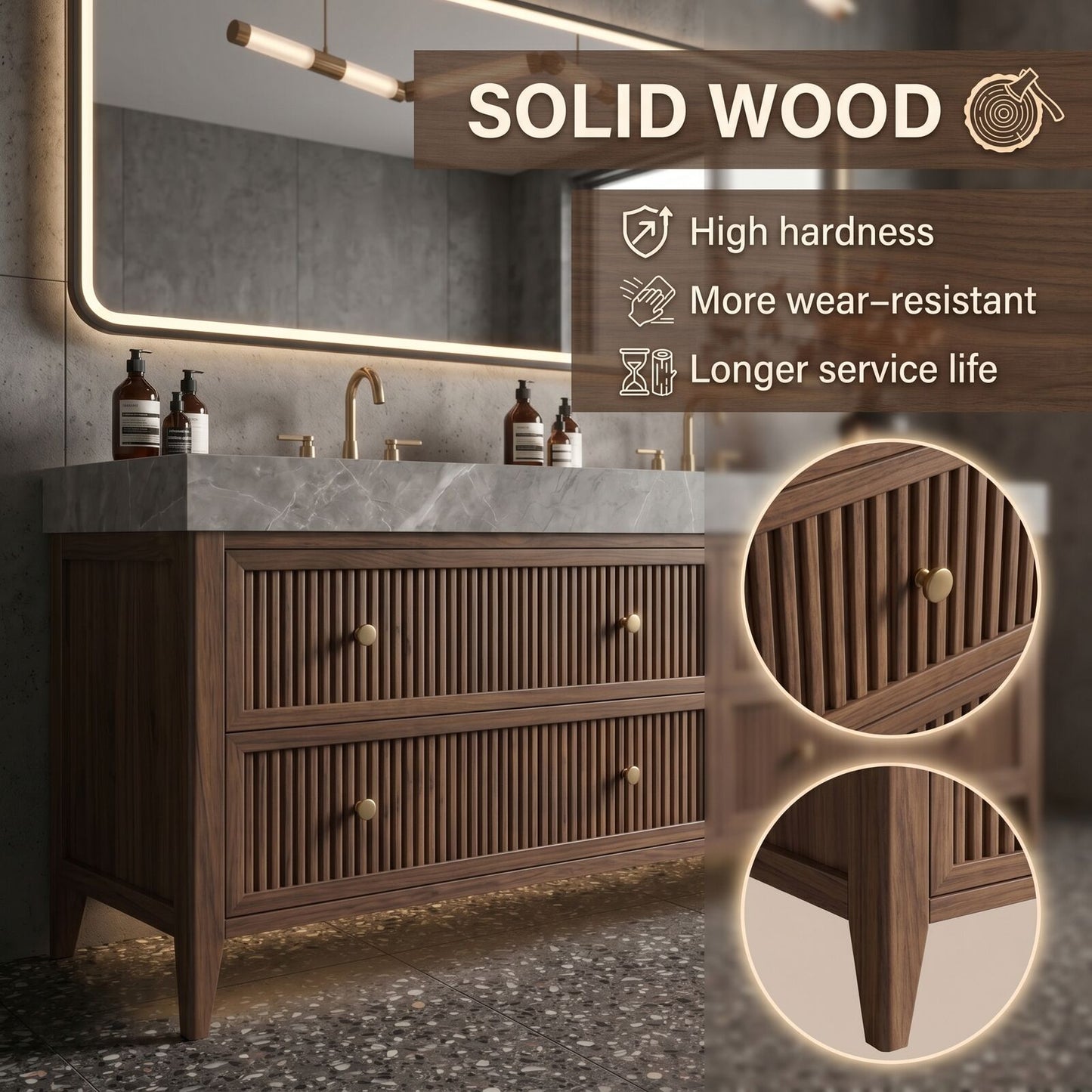 60''-96'' Modern Bathroom Vanity with Sink Grey Marble Slatted Wood Spacious Drawers