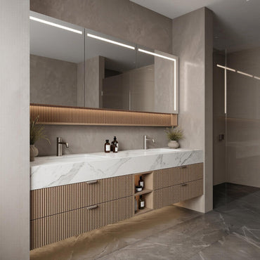 60''-96'' Modern Bathroom Vanity with Sink Floating White Marble Top Fluted Drawers