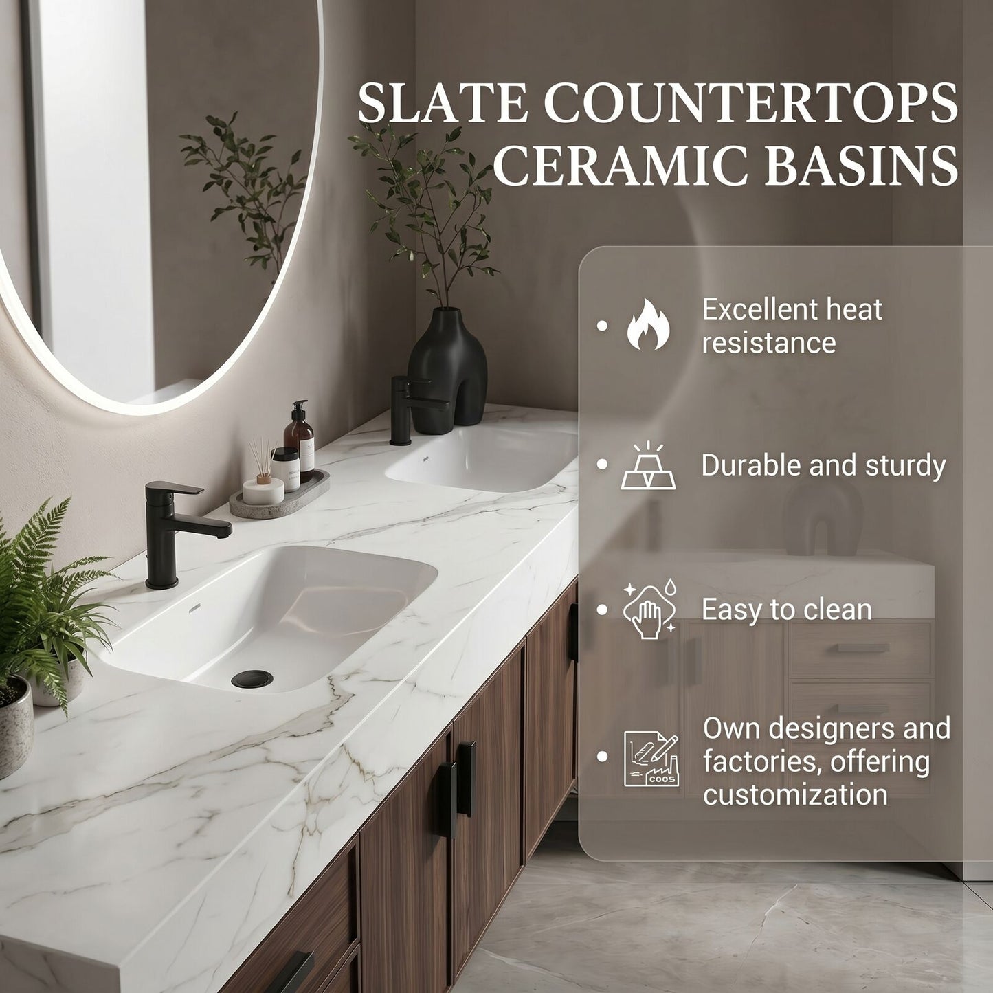 78''-96'' Modern Bathroom Vanity with Sink Double Sink Dark Wood Frame Round Mirror Cabinet