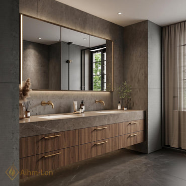 60''-96'' Double Bathroom Vanity with Sink Dark-Walnut Floating Slatted Center Panel