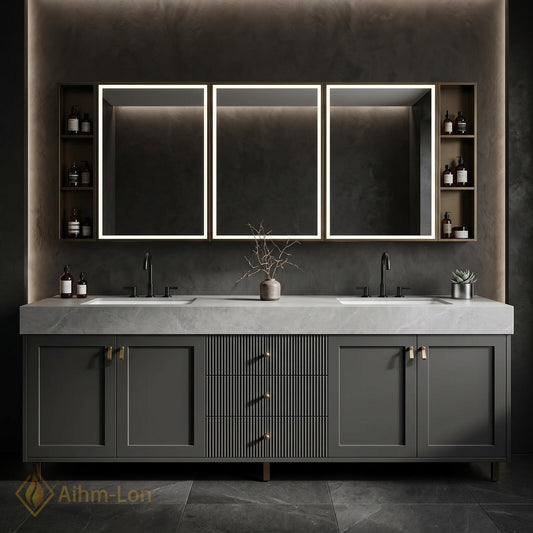 60''-96'' Double Bathroom Vanity with Sink Ribbed Center Panel Charcoal Gray Finish