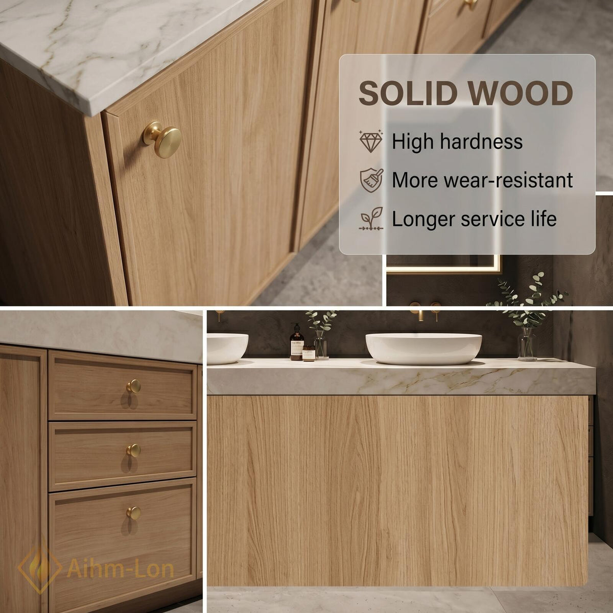 60''-96'' Double Bathroom Vanity with Sink Light Oak Finish Slatted Center Panel
