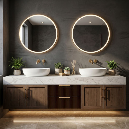 60''-96'' Modern Bathroom Vanity with Sink Double Sink Slatted Wood Marble Grain Round Mirrors