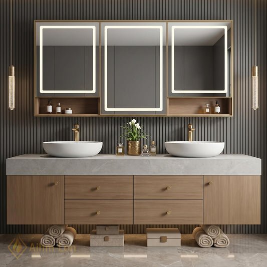 60''-96'' Double Bathroom Vanity with Sink Modern Floating Warm Wood Grain Cabinetry
