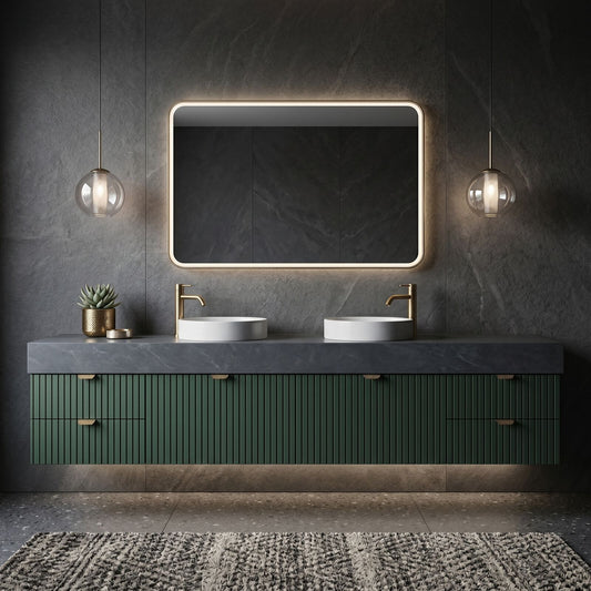 60''-96'' Double Bathroom Vanity with Sink Green Slatted Dark Grey Marble Top Cabinet