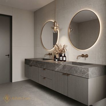 60''-96'' Double Bathroom Vanity with Sink Vertical Ribbed Front Dark Stone Vein