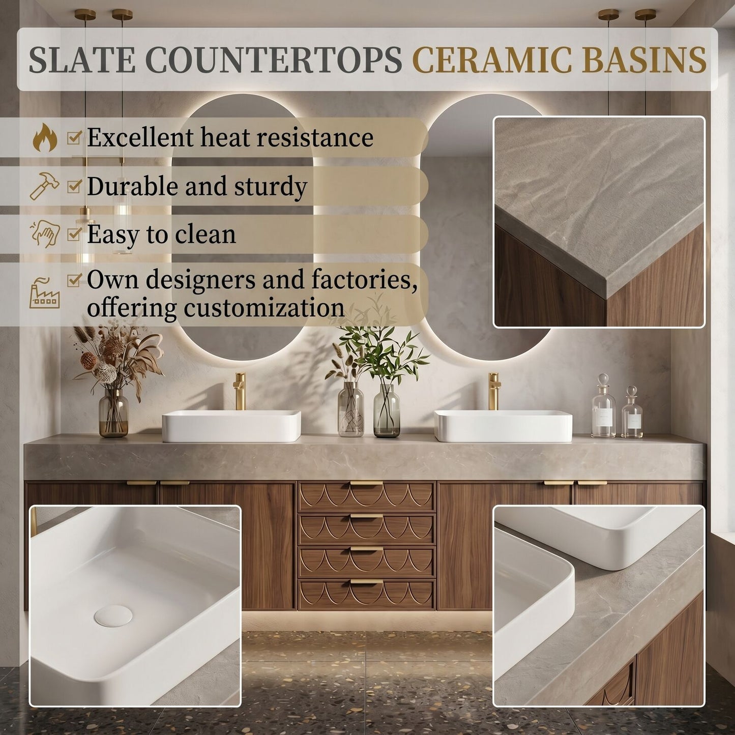 70''-96'' Modern Bathroom Vanity with Sink Floating Dark Wood Grain Fish Scale Drawers