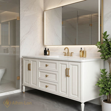 40''-64'' Modern Bathroom Vanity with Sink White Marble Gold Legs Central Drawers