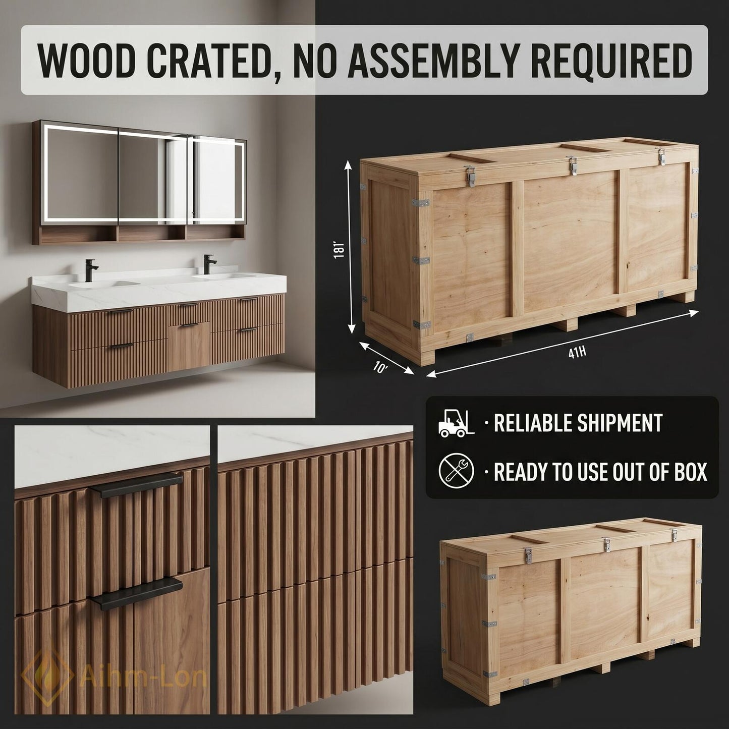 70''-96'' Modern Double Bathroom Vanity with Sink Floating Slatted Doors Warm Walnut
