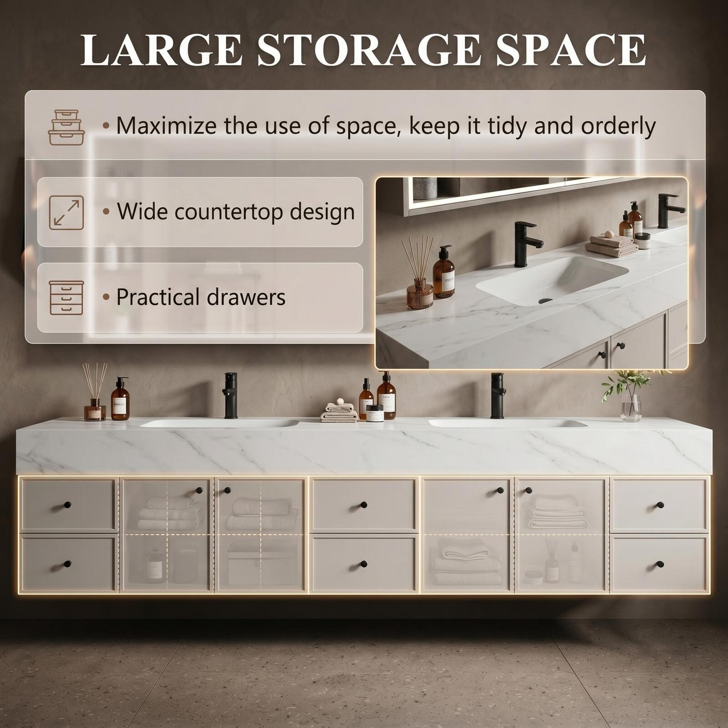 70''-96'' Modern Bathroom Vanity with Sink Double Sink Soft Grey Large Mirror Cabinet