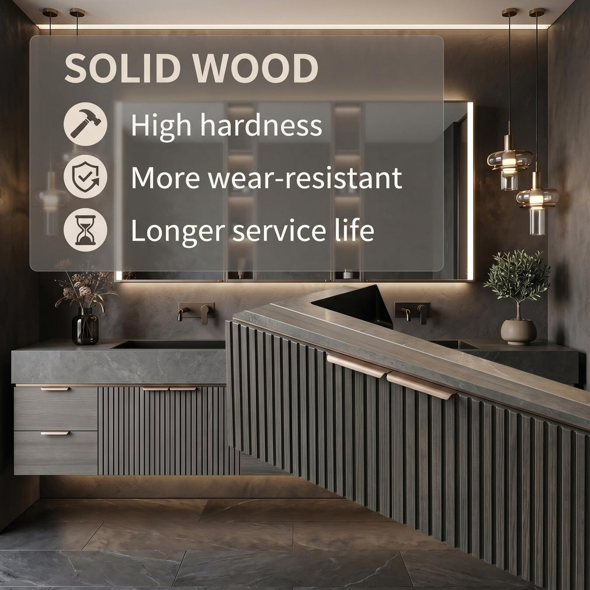 60''-96'' Double Bathroom Vanity with Sink Modern Floating Charcoal Gray Stone Slatted Front