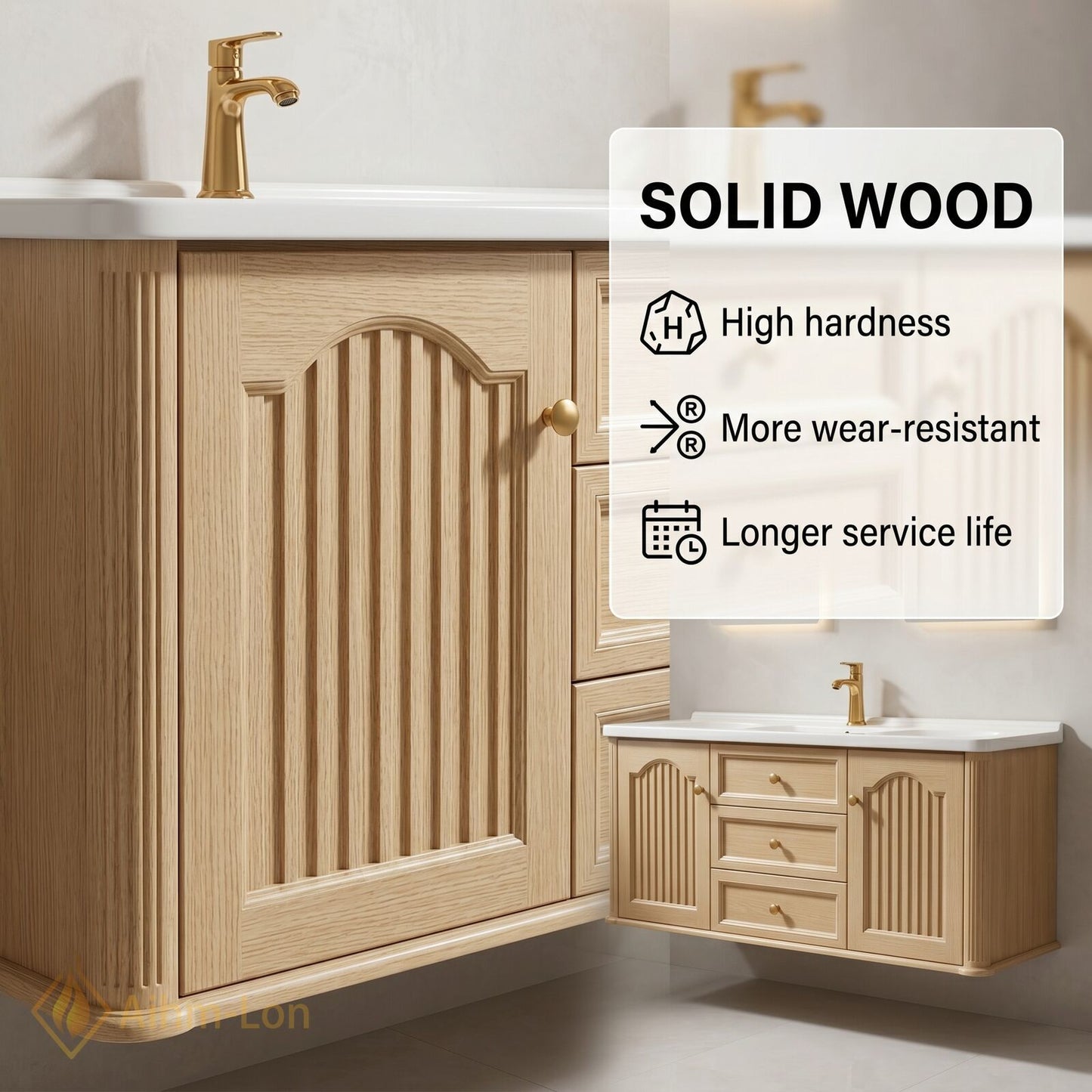 60''-96'' Modern Bathroom Vanity with Sink Floating Cream Arch-Topped Mirrors Drawers Storage