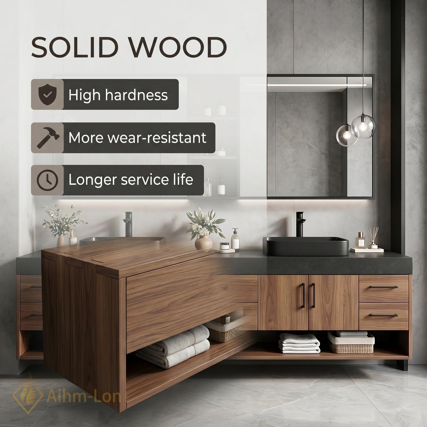 72''-96'' Double Bathroom Vanity with Sink Dark-Walnut Modern Slatted-Panel Finish