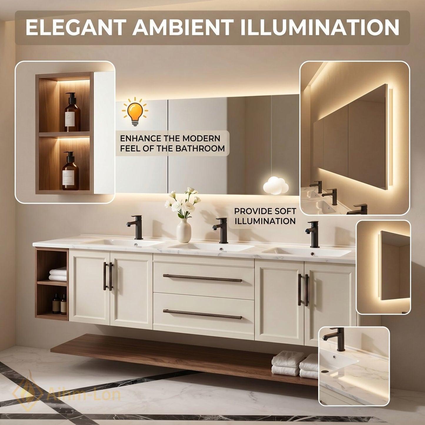 72''-96'' Floating Bathroom Vanity with Sink Triple Bowl Basin Marble Textured Top