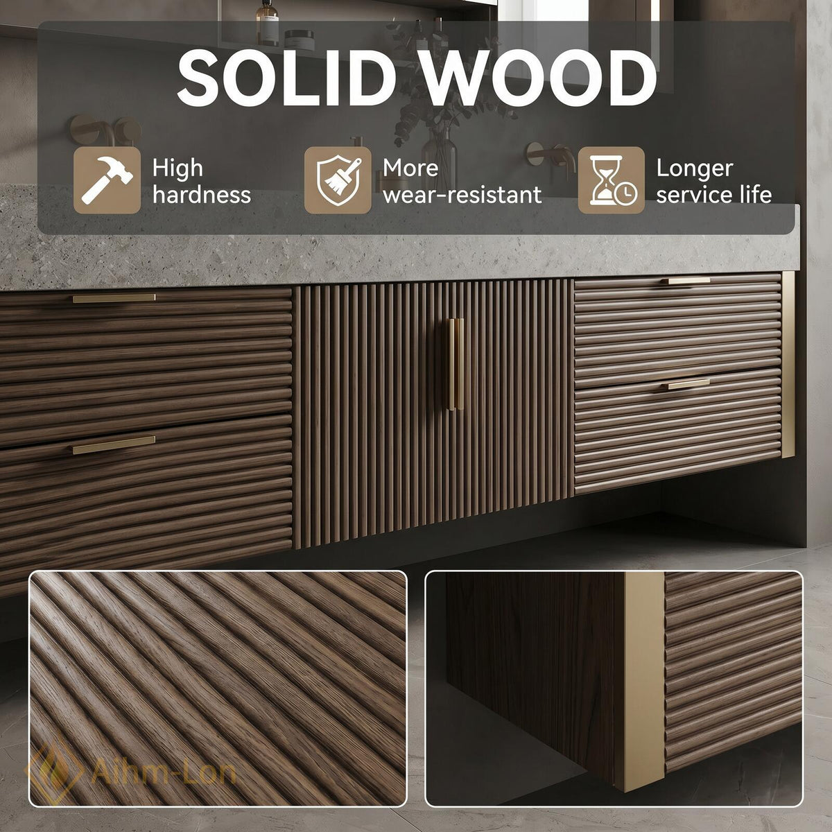 60''-96'' Double Bathroom Vanity with Sink Floating Double Dark Walnut Ribbed Front