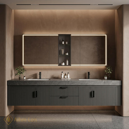 60''-96'' Modern Double Bathroom Vanity with Sink Dark Slate Fluted Vertical Panel