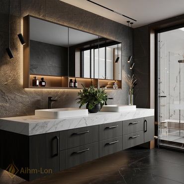72''-96'' Double Bathroom Vanity with Sink White Modern Floating Marble-Top Large