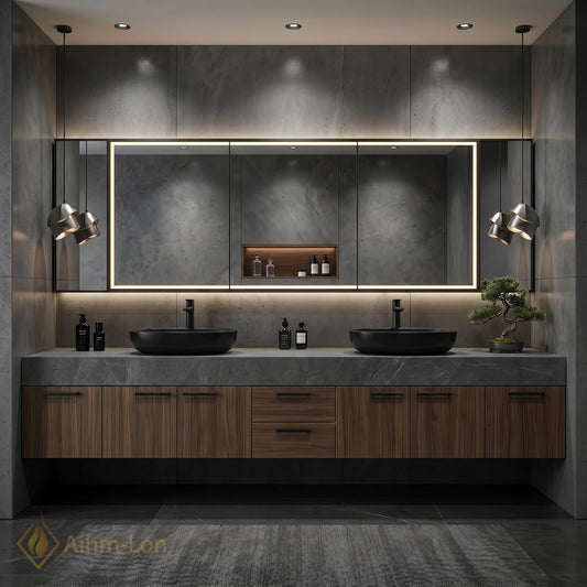 60''-96'' Double Bathroom Vanity with Sink Floating Dark Walnut Finish Mirror Cabinet