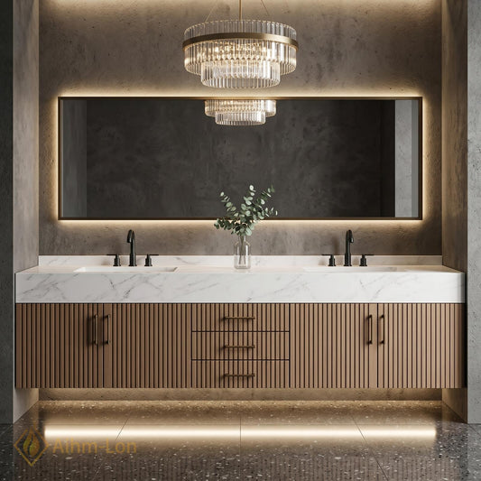 60''-96'' Double Bathroom Vanity with Sink White Modern Floating Slatted-Panels Marble