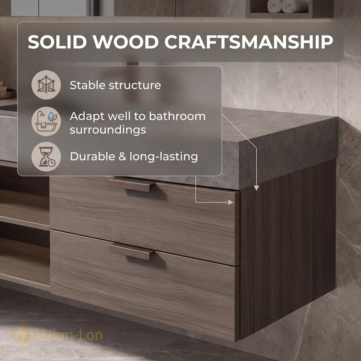 36''-110'' Floating Bathroom Vanity with Sink Grey Sintered Stone Open Shelving