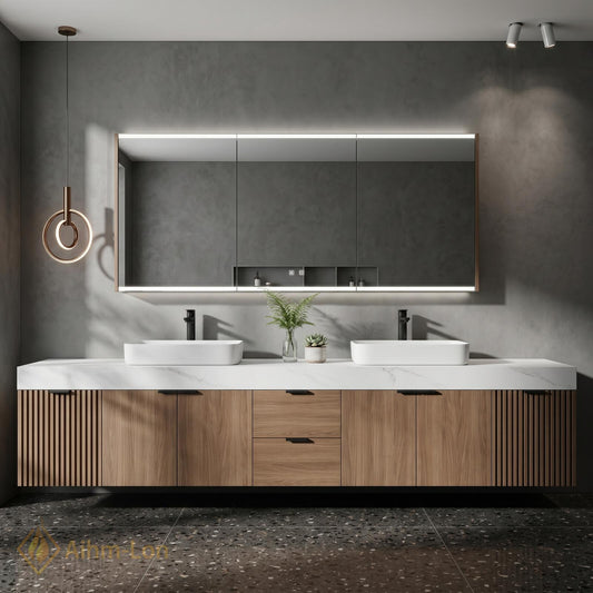 70''-96'' Elegant Double Bathroom Vanity with Sink Floating Wood Texture Slatted Open