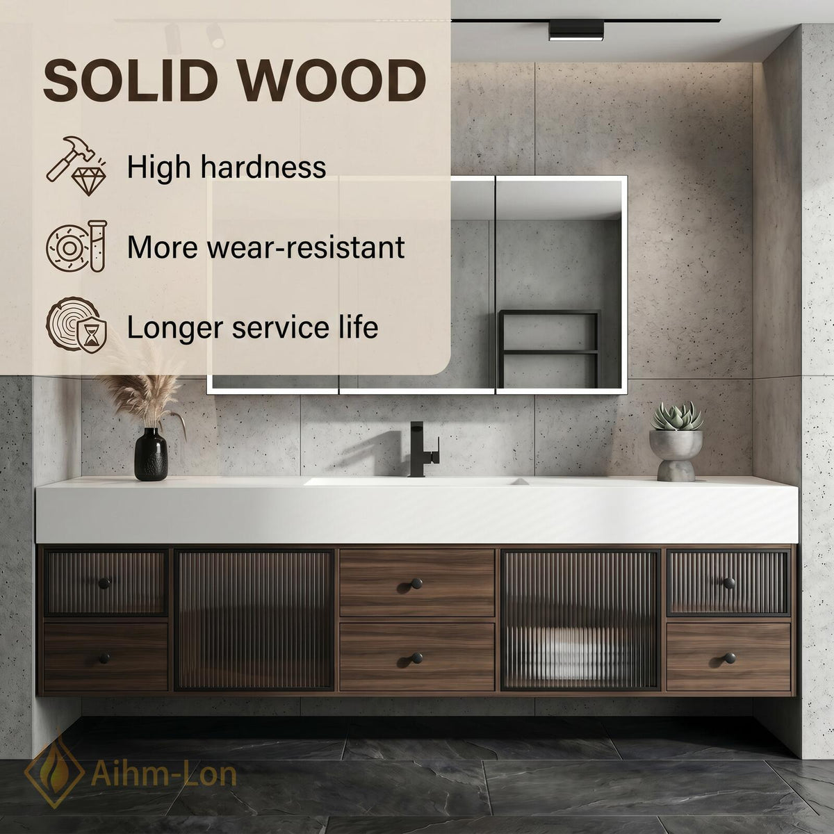 60''-96'' Bathroom Vanity with Sink Floating Slatted Glass Doors White Solid Top
