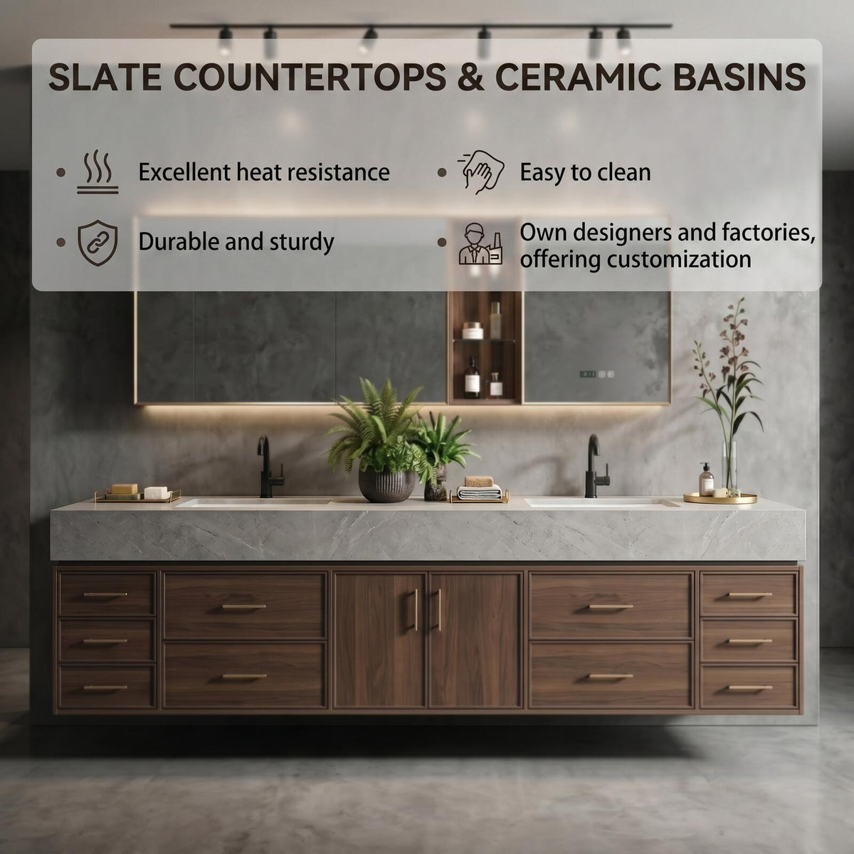 60''-96'' Double Bathroom Vanity with Sink Modern Floating Dark Walnut Slatted Center Panel