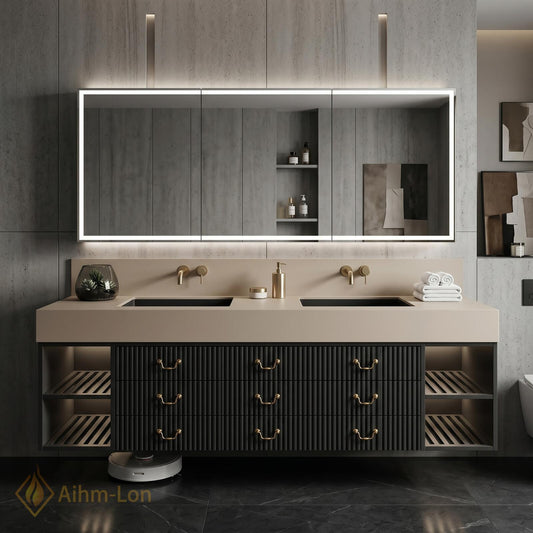 60''-96'' Double Bathroom Vanity with Sink Modern Fluted Drawer Fronts Warm Taupe Countertop