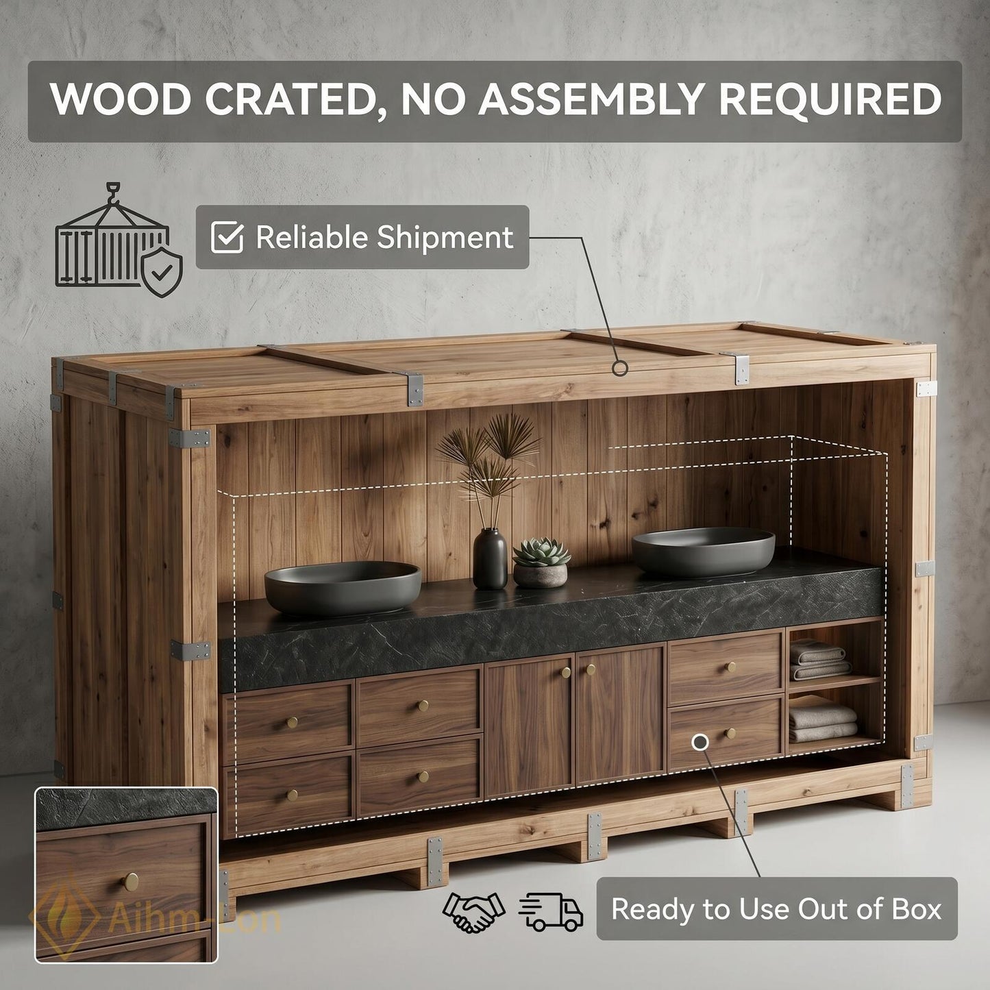72''-96'' Double Bathroom Vanity with Sink Dark-Walnut Wood Modern Floating Stone