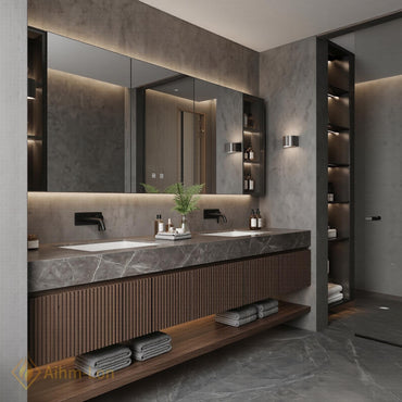 60''-96'' Double Bathroom Vanity with Sink Floating Gray Vein Stone Fluted Panel