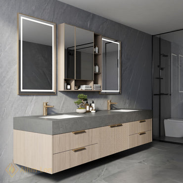 60''-96'' Modern Floating Bathroom Vanity with Sink Grey Stone Top Ribbed Doors