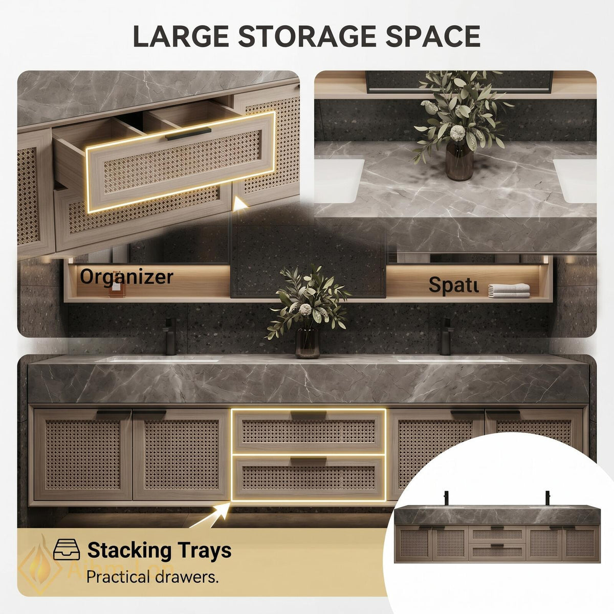 60''-96'' Double Bathroom Vanity with Sink Rattan Panel Doors Grey Marble Top