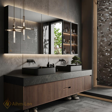 60''-96'' Double Bathroom Vanity with Sink Floating Dark Walnut Finish Slatted Wood