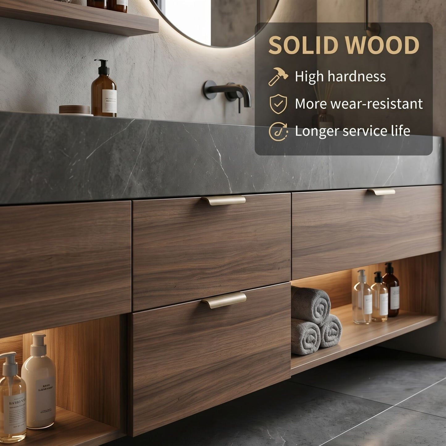 60''-96'' Modern Bathroom Vanity with Sink Double Basin Wood-Grain Dark Stone Cabinet
